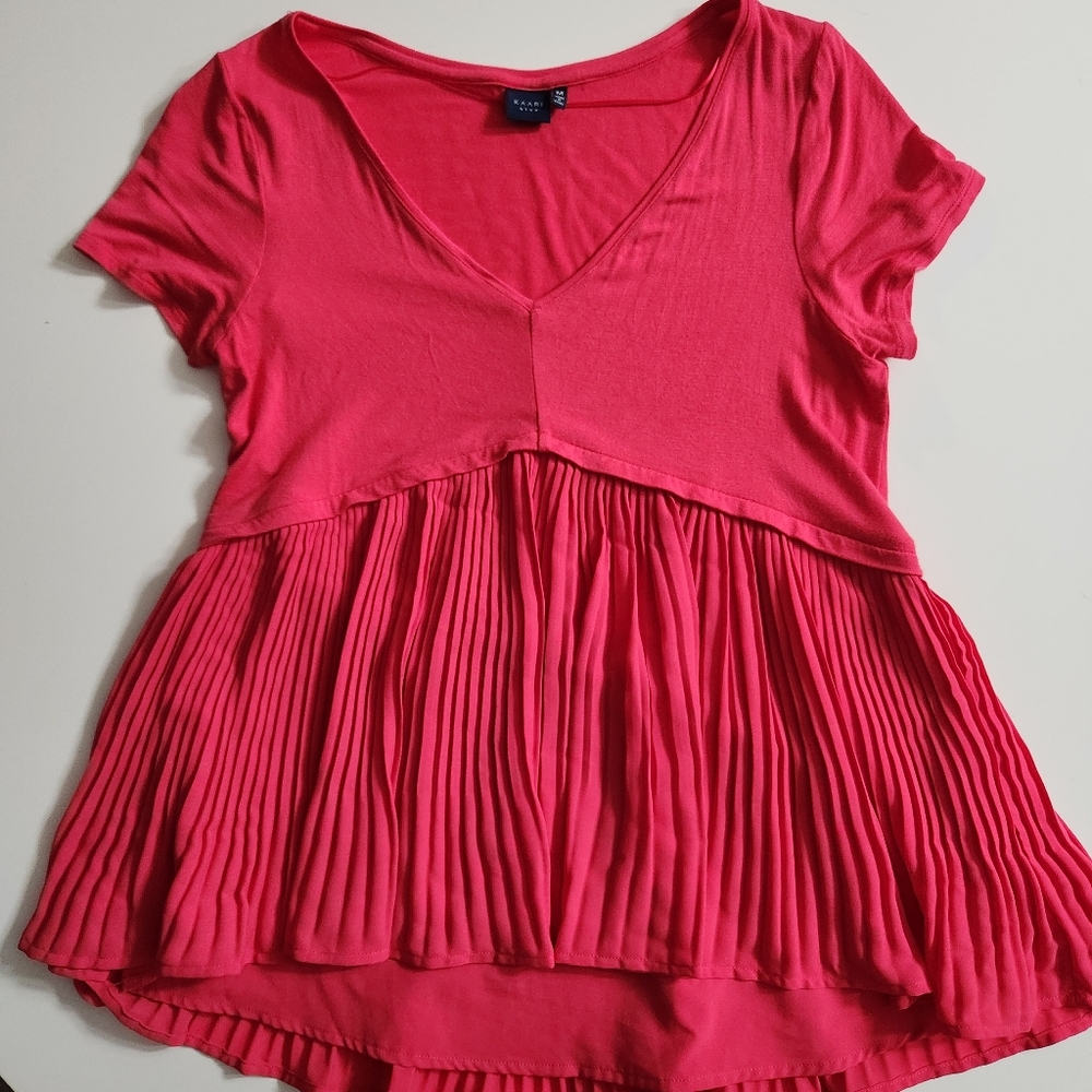 Kaari Blue Hot Pink Pleated Babydoll Top Size M